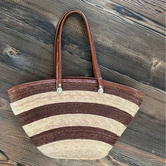 Brown Tan Striped Straw Bag Zipper Closure Double Straps - Picture 2 of 10